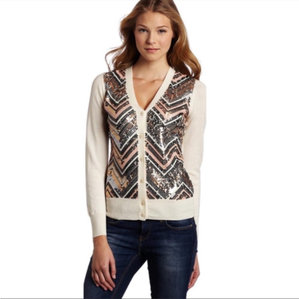 Trina Turk chevron sequin merino wool cardigan sweater M